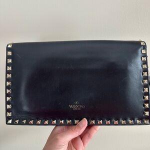 Valentino Black Leather Clutch with Gold Studs
